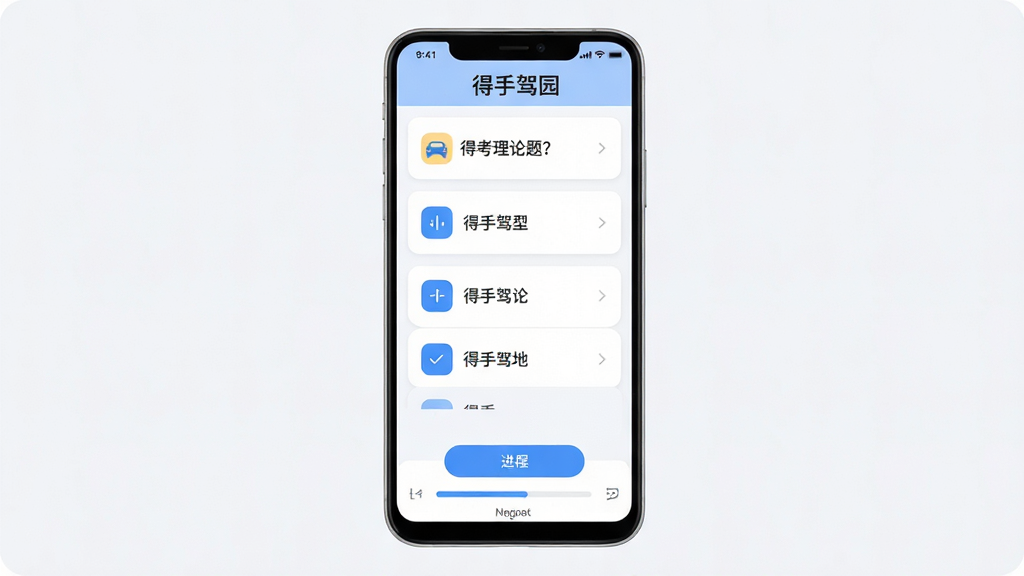 得手驾园手机应用界面展示,主体为一部竖屏安卓手机,屏幕内呈现驾考理论题库练习页面,顶部显示得手驾园字样,中部为题目与选项卡片,底部为答题进度条,布局居中对称,排版简洁清晰,风格为现代扁平化UI设计,细节包含蓝色主色调按钮、白色背景卡片、圆角图标,画质高清,干净,无多余元素