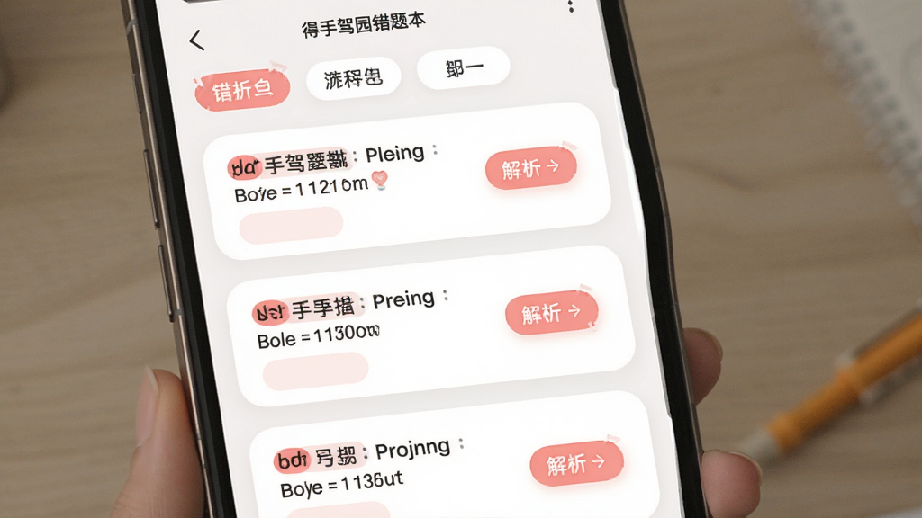 得手驾园错题本功能界面,主体为手机屏幕,屏幕内显示错题列表,每道错题带有红色标记与解析入口,顶部有筛选标签,布局为纵向卡片列表,排版清晰,风格为柔和圆角设计,细节包含浅红提醒色、白色背景、圆角标签按钮,画质清晰,干净,无多余元素