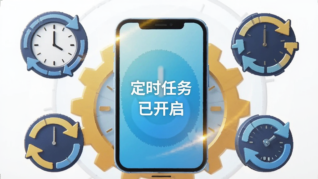 一张带有时间齿轮元素的概念图,画面中央是一部手机,手机周围环绕着时钟和循环箭头的图标,手机屏幕上显示“定时任务已开启”,风格是科技感插画,细节包括光晕效果,画质清晰明亮,无杂乱元素。