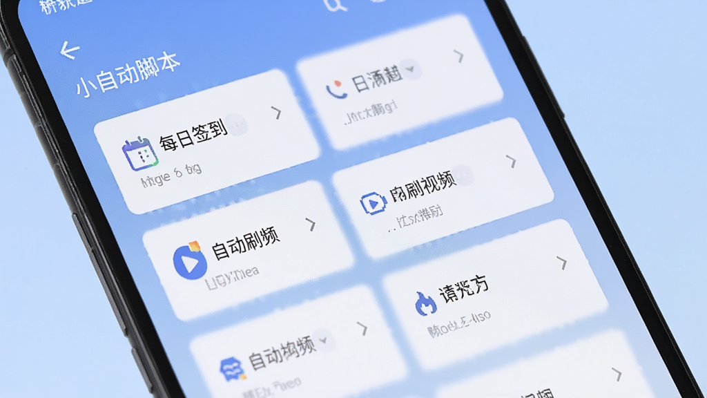 一部安卓手机屏幕亮起,显示小自动的脚本列表界面,界面中有多个脚本卡片,卡片上写着“每日签到”、“自动刷视频”等字样,背景是柔和的蓝色渐变,风格是简约现代,细节清晰,画质干净。