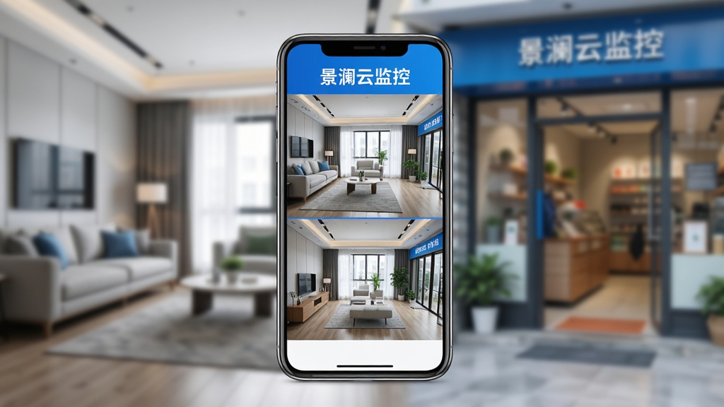景澜云监控手机端主界面展示,画面中央为一部智能手机显示监控画面分屏布局,上方有