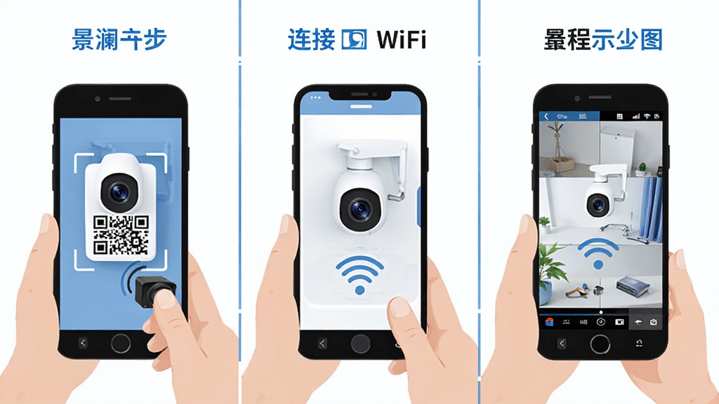 景澜云监控安装配置操作流程示意图,画面分为三步,第一步手机扫描摄像头二维码,第二步手机与摄像头连接WiFi,第三步手机显示监控画面,布局为横向三格排列,风格扁平化教程插画,蓝白配色,细节清晰,高清画质,干净无多余元素
