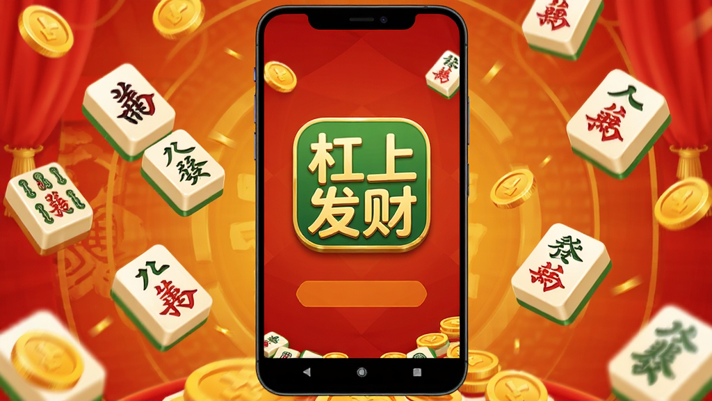 一部安卓手机屏幕显示“杠上发财”应用图标和启动界面,背景是喜庆的红色和金色,周围有麻将牌和金币飘落,风格简洁明快,主体突出,布局居中,画质高清,干净无多余元素