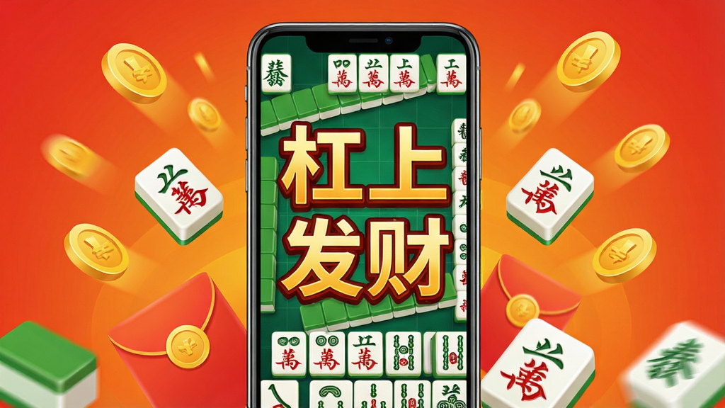 一张展示手机棋牌游戏界面的概念图,画面中央是一部竖屏智能手机,屏幕上显示着色彩鲜艳的麻将牌面和“杠上发财”四个大字,手机周围环绕着金币、红包和彩色麻将牌等装饰元素,背景是温暖的橙红色渐变,整体风格喜庆热闹,布局居中对称,细节丰富,画质清晰,干净无多余元素