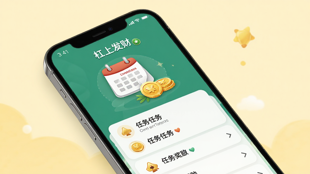 手机屏幕展示“杠上发财”每日任务和签到界面,画面中有日历图标、金币奖励和任务列表,背景是柔和的浅黄色,风格清新简约,布局整齐,画质高清,干净无多余元素