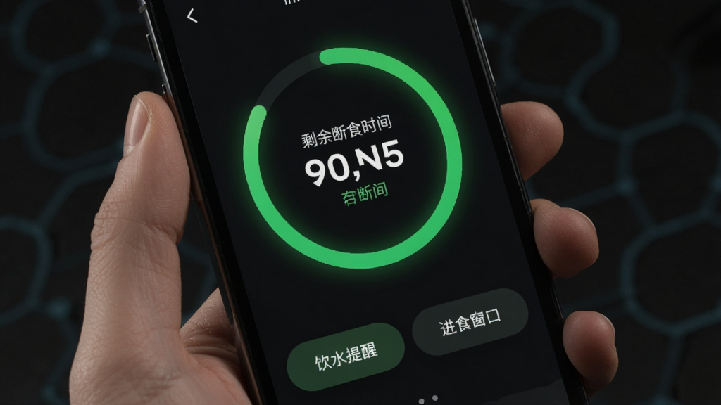 手机屏幕显示ok轻断食的计时界面,中央是一个绿色圆环进度条,圆环内显示剩余断食时间,下方有