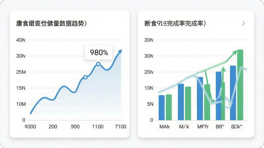 一张健康数据趋势图界面截图,画面中有体重变化折线图和断食完成率柱状图,图表颜色以蓝色和绿色为主,背景为白色卡片式设计,界面简洁现代,画质清晰,无多余元素