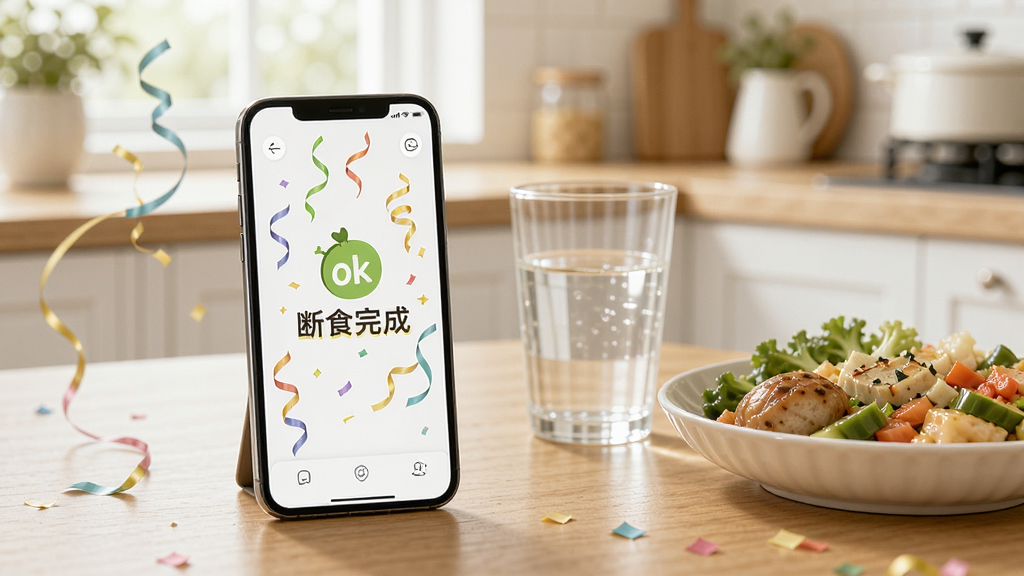 一部手机放置在桌面上,屏幕显示ok轻断食的断食完成庆祝页面,画面中有彩带和