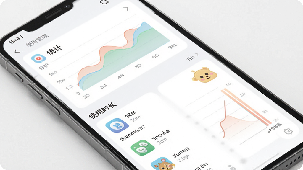守护宝孩子端应用使用管理界面,主体为手机屏幕显示应用列表和使用时长统计图表,布局为上方统计图下方应用列表,排版清晰,风格为素雅极简风,细节上图表颜色柔和,应用图标清晰可见,画质高清,干净,无多余元素