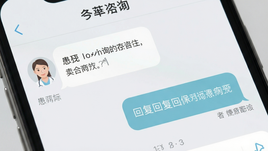 �ֻ���Ļ��д����ʾ��ҽ��APP��������ѯ�Ի����棬����ǻ������ʣ��Ҳ���ҽ���ظ���������ɫ��ͣ�����Ϊǳ��ɫ������ִ���࣬�����������ɾ����޶���Ԫ��
