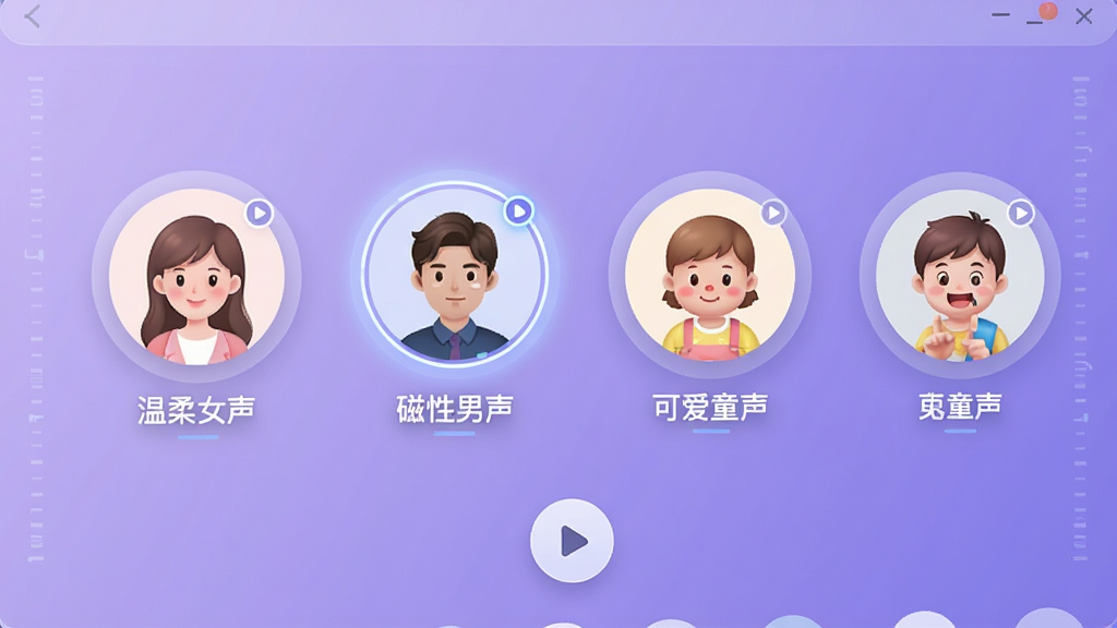 一张展示文字转语音AI配音软件音色选择界面的图片,画面主体为悬浮在空中的多个圆形头像图标,每个图标代表不同音色类型,下方有对应的标签文字如“温柔女声”“磁性男声”“可爱童声”,背景为柔和的紫色渐变,风格清新科技感,细节包括选中高亮效果和播放按钮,画质清晰,干净,无多余元素