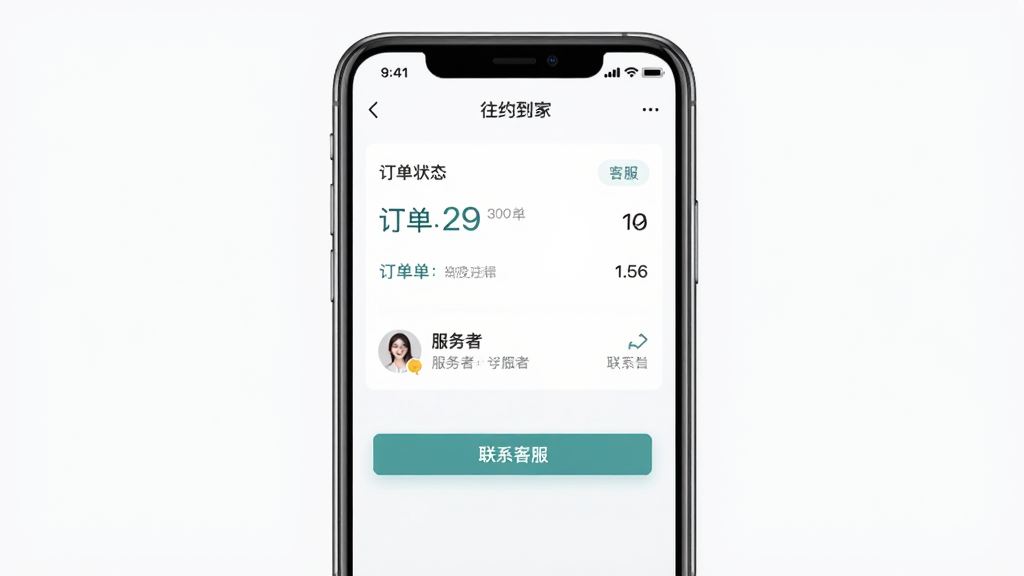 往约到家移动端操作界面截图,手机屏幕中显示订单详情与客服入口,主体为一部手机,布局居中,排版上下结构,风格为清爽素雅,细节包含订单状态、服务者信息、联系客服按钮,画质高清,干净,无多余元素