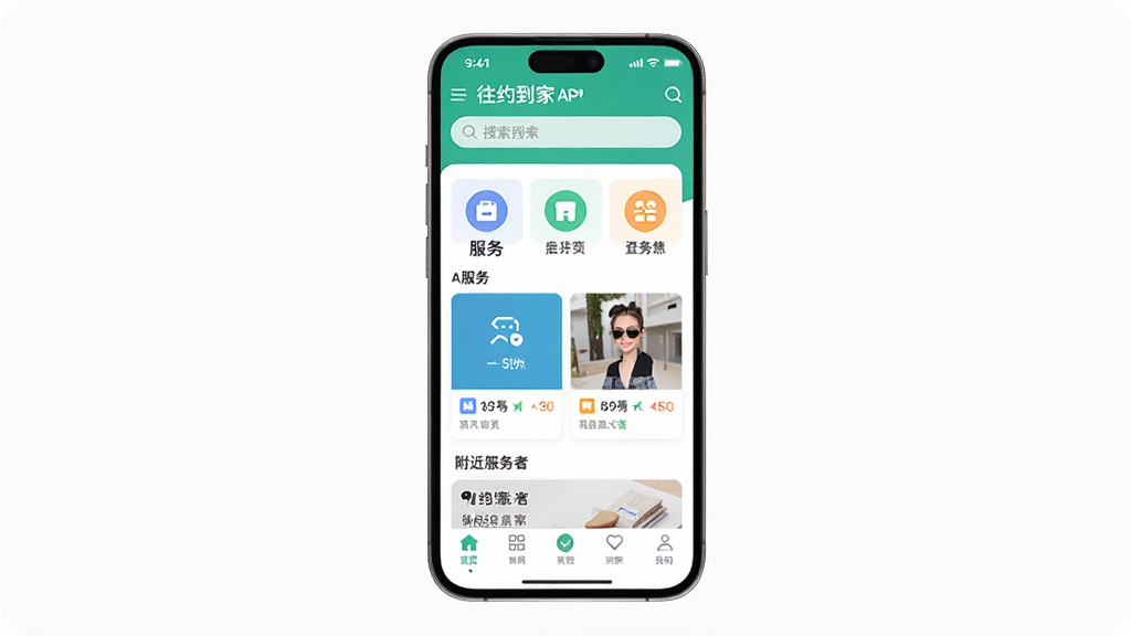 往约到家APP界面展示,手机屏幕中显示往约到家首页,包含服务分类图标与附近服务者列表,主体为一部竖屏智能手机,布局居中,排版简洁清晰,风格为现代扁平化UI设计,细节包含搜索栏、服务卡片、底部导航栏,画质高清,干净,无多余元素