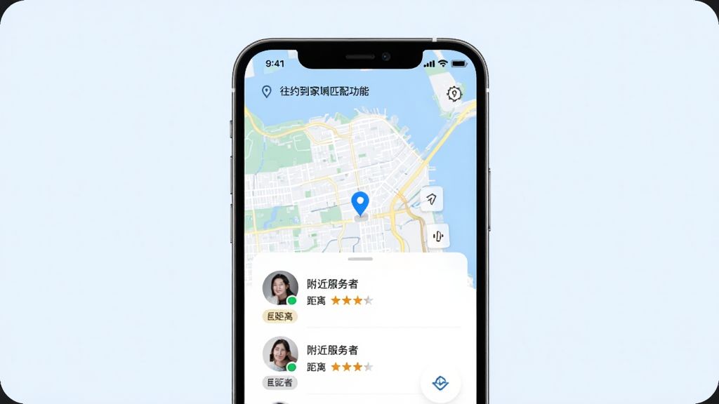 往约到家同城匹配功能展示,手机屏幕中显示地图与附近服务者头像列表,主体为一部手机,布局居中,排版左右分栏,风格为清新浅色系,细节包含定位图标、距离标签、评分星级,画质高清,干净,无多余元素