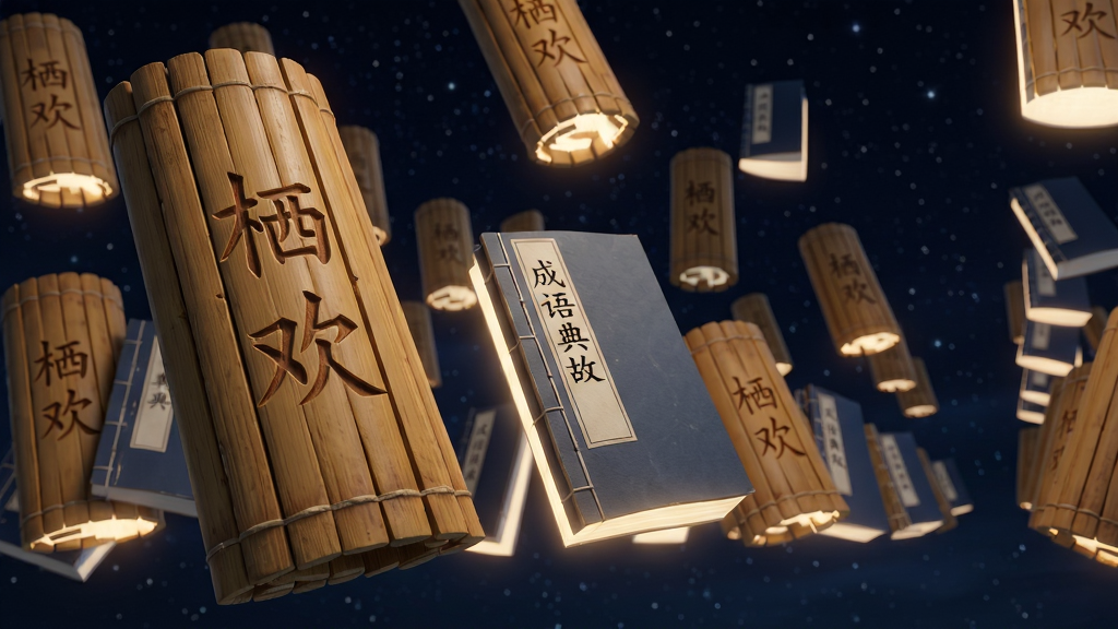 画面主体为一排排悬浮在空中的古代竹简与线装书,竹简上刻着