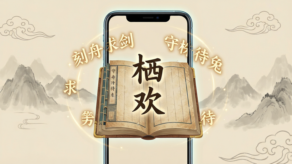 画面中央是一部竖屏智能手机,屏幕上展示着一本打开的虚拟古风书籍,书页上浮现出