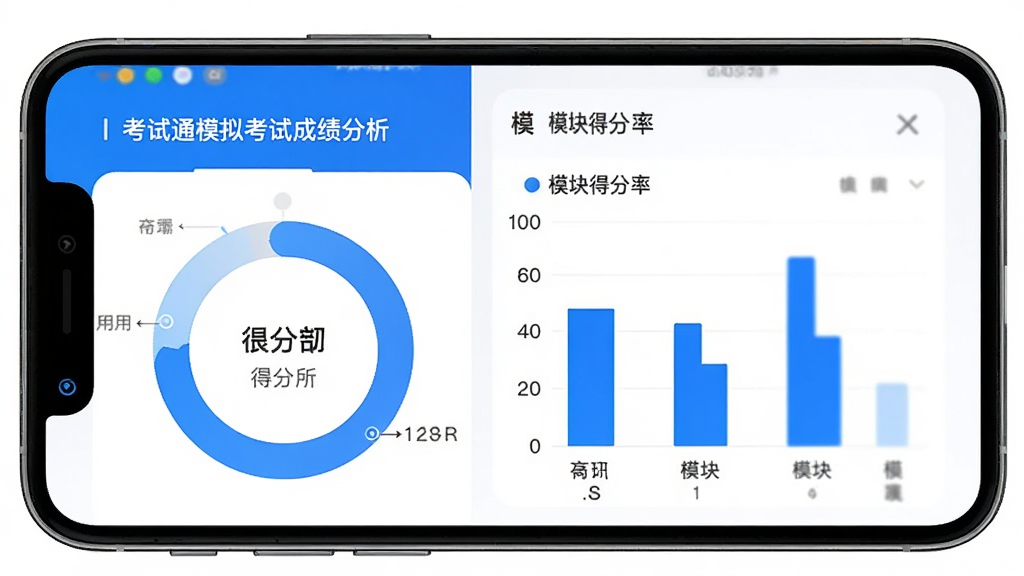 ����ͨģ�⿼�Գɼ�����ҳ�棬�ֻ���Ļ��ʾ���ε÷�ͼ����ģ��÷�����״ͼ���������ִ���࣬��ɫ����ɫ�Ͱ�ɫΪ�������������׶�������ɾ������廭��