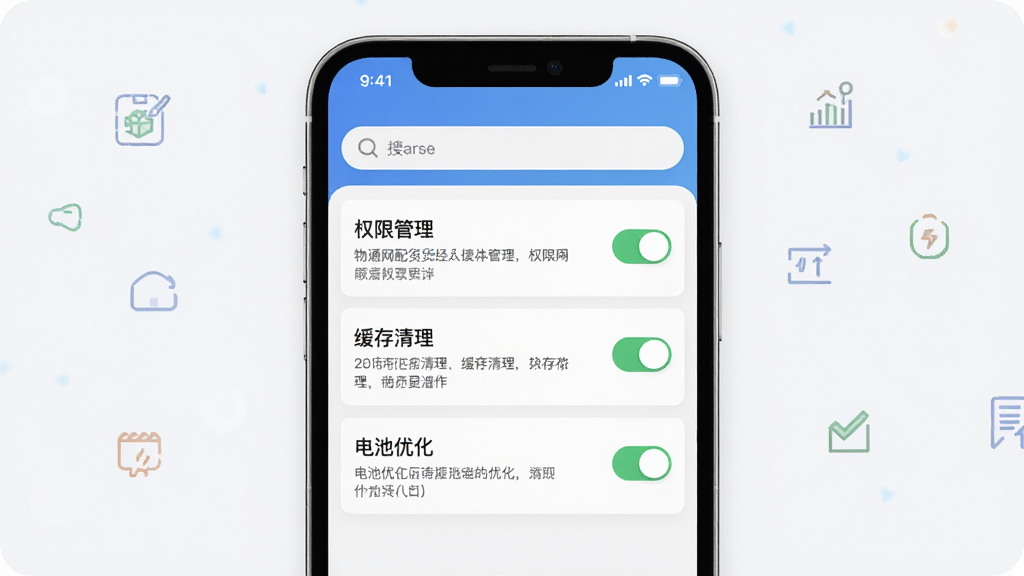 一张展示物通网配货经纪人移动端使用指南的图片。主体为手机屏幕显示软件设置页面,包含权限管理、缓存清理和电池优化选项。布局为列表式排版,顶部有搜索栏。风格为清爽简约风。细节包括开关按钮和说明文字。画质高清,干净,无多余元素。