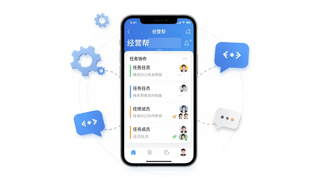 ��Ӫ���ƶ��칫Эͬ����չʾͼ��������һ���ֻ���Ļ��ʾ��Ӫ��APP���Ŷ�Э��ҳ�棬�������б��ͳ�Աͷ���ֻ���Χ�г��ֺ���������ͼ�꣬����Ϊ��ɫ��������У����ּ�࣬����ִ��칫��ϸ���Ͻ������������ʸ��壬�ɾ����޶���Ԫ��