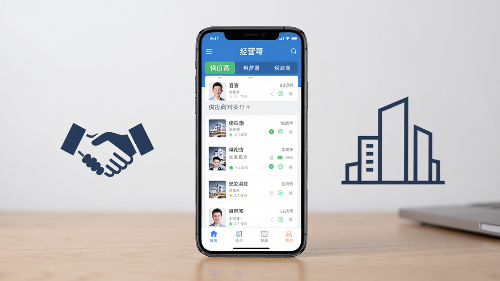 ��Ӫ�﹩Ӧ����Դ�Խӹ���չʾͼ��������һ���ֻ������������ϣ���Ļ��ʾ��Ӫ��APP�Ĺ�Ӧ���б�ҳ�棬�Ա�������ͼ��ͽ�������������Ϊǳ��ɫ��������У����ֺ������������רҵ��ϸ������Ļ�������������ʸ��壬�ɾ����޶���Ԫ��