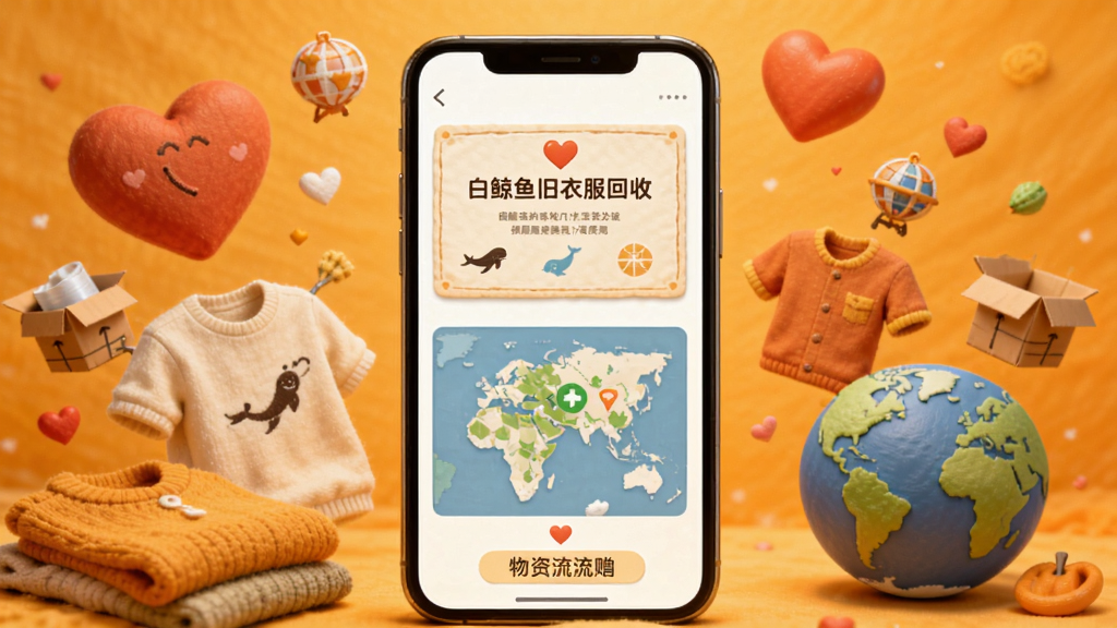 白鲸鱼旧衣服回收公益捐赠页面,画面中央是手机屏幕显示捐赠证书和物资流向地图,周围环绕着爱心、衣物、地球等元素,背景是温暖的橙黄色调,风格温馨感人,画质细腻,布局清晰,无多余装饰