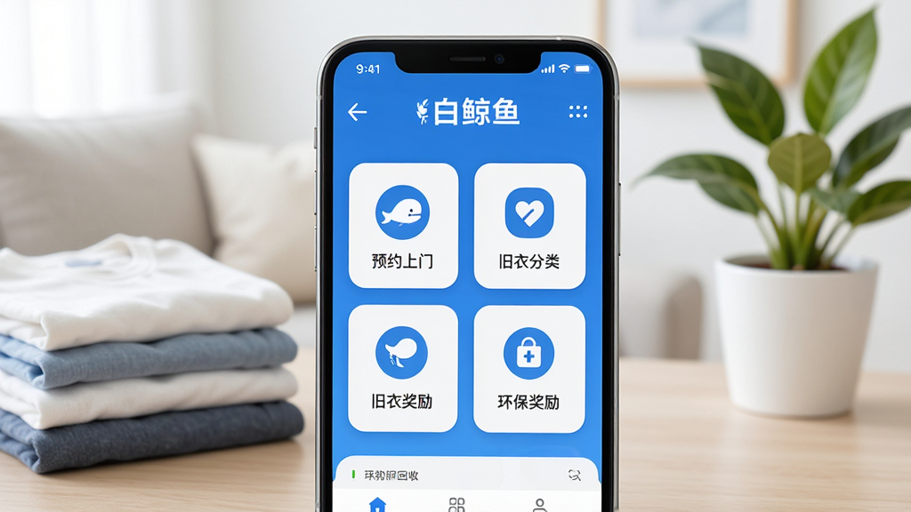 白鲸鱼旧衣服回收软件主界面展示,画面中央是一部智能手机,屏幕上显示白鲸鱼旧衣服回收APP的首页,包含预约上门、旧衣分类、环保奖励等图标,背景是整洁明亮的客厅环境,有叠放整齐的旧衣物和绿色植物点缀,整体风格清新简约,色彩以蓝色和白色为主,画质清晰,干净无多余元素