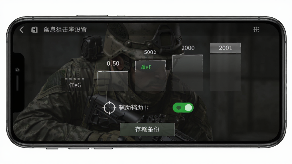 手机屏幕显示幽灵狙击手设置界面,画质选项从低到高排列,辅助瞄准开关处于开启状态,下方有存档备份按钮,界面简洁清晰,军事风格UI,高清画质,干净布局,无多余元素