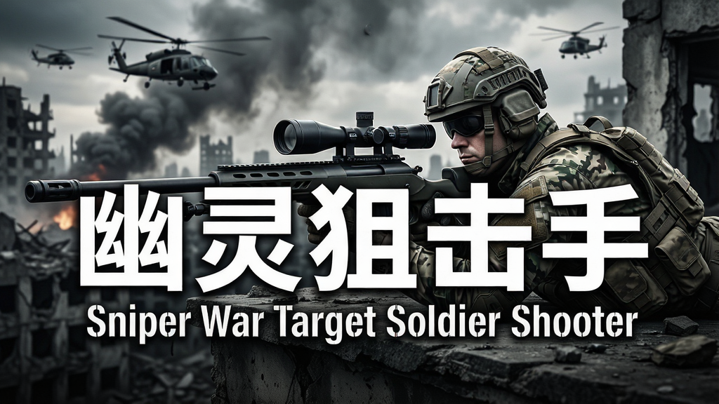 主视觉画面,一名身穿迷彩战术装备的狙击手趴在废弃建筑楼顶,手持带瞄准镜的狙击步枪,背景是硝烟弥漫的城市废墟和远处直升机,画面中央大号白色粗体文字