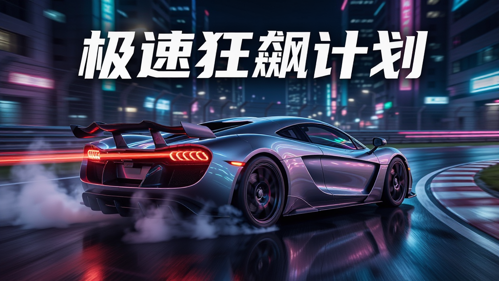 主体为一辆流线型超级跑车在霓虹闪烁的城市夜景赛道上高速漂移,布局采用居中构图突出车辆动态,排版上方留白用于展示“极速狂飙计划”文字,风格为写实3D渲染结合赛博朋克光效,细节包括轮胎摩擦产生的烟雾、尾灯拖影、路面反射光斑,画质为4K超高清、干净无多余元素