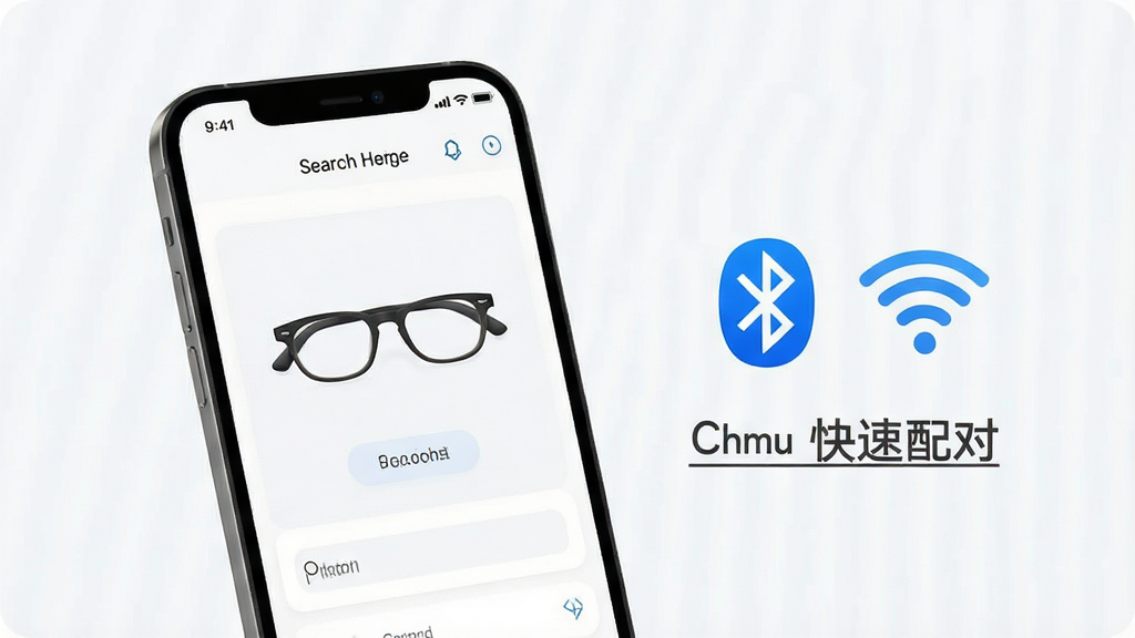 一张表现Chmu一键配对功能的示意图,画面中手机屏幕显示搜索到智能眼镜设备,旁边有蓝牙与Wi-Fi图标,界面简洁,标注文字
