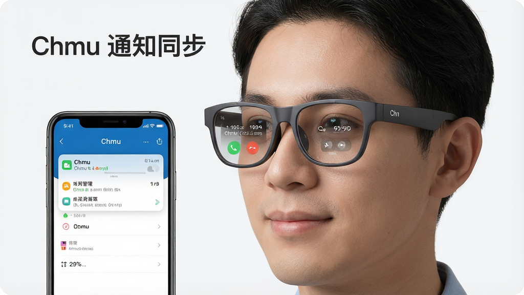 一张展示Chmu通知同步功能的场景图,画面中用户佩戴智能眼镜,眼镜镜片上显示来电提醒,旁边手机屏幕显示Chmu通知管理界面,标注文字
