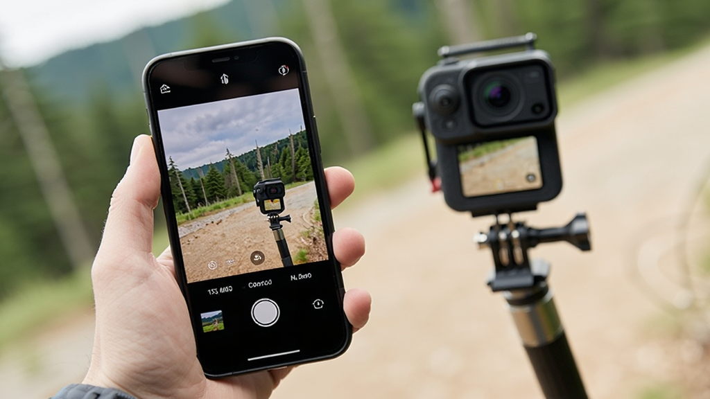 Insta360 应用远程控制相机拍摄场景展示图,主体为一只手拿着手机,手机屏幕显示实时取景画面,背景为户外运动场景,布局采用前景手机与背景相机虚化对比,排版为对角线构图,风格为真实产品使用场景摄影,细节包含相机固定在自拍杆上、手机屏幕显示参数调节滑块,画质高清,干净,无多余元素