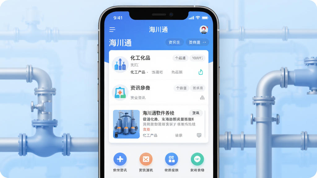 描述海川通软件核心全貌的图片,主体是一部智能手机屏幕展示海川通应用主界面,界面中包含化工产品列表、资讯卡片和功能图标,布局为居中展示手机正面视角,背景为浅蓝色渐变配合化工管道元素装饰,风格为现代扁平化科技风,细节包括清晰的图标按钮、整洁的列表排版、柔和的阴影效果,画质为高清4K干净无多余元素