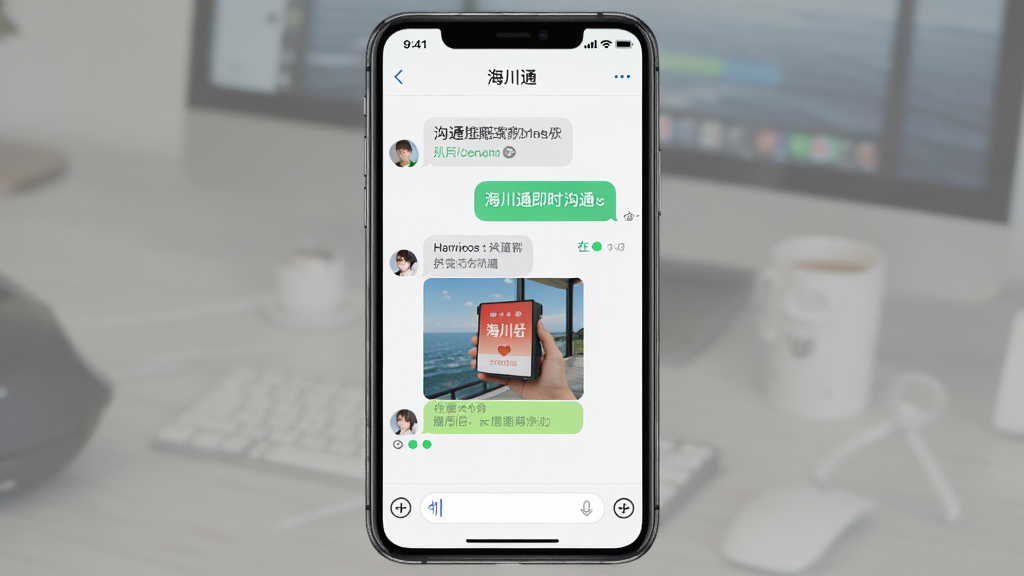 展示海川通即时沟通功能的图片,主体是手机屏幕显示聊天对话界面,布局为手机正面居中展示,风格为现代社交应用UI风格,细节包括聊天气泡、产品图片分享、在线状态标识和输入框,画质为高清干净无多余元素