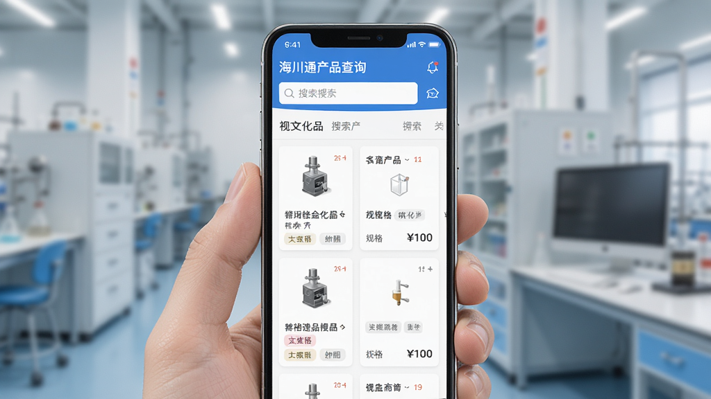 展示海川通产品查询功能的图片,主体是手机屏幕显示化工产品搜索结果页面,布局为手机居中特写,风格为清新简约的UI设计风,细节包括搜索框、产品卡片列表、规格标签和价格信息,画质为高清干净无多余元素