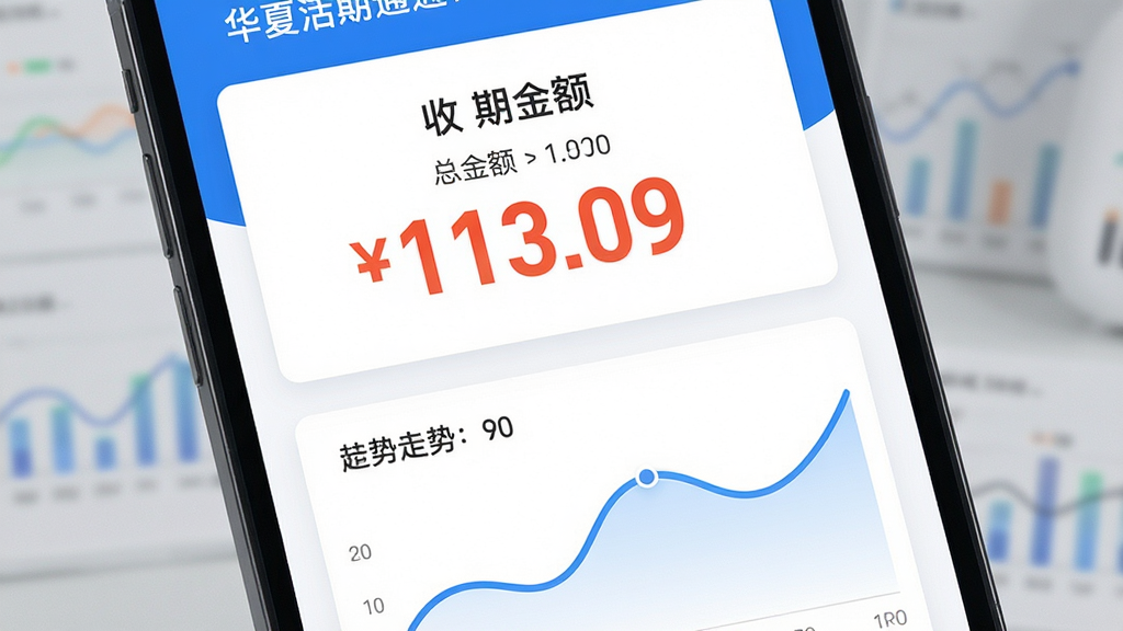 华夏活期通活期理财功能展示图,主体为手机屏幕特写,屏幕中央显示收益数字和走势曲线图;布局为上下结构,上方显示总金额,下方为曲线图;排版采用卡片式设计,信息层级分明;风格为清新简约的金融科技风;细节上数字使用醒目的橙红色,曲线为平滑的蓝色线条;画质高清,干净,无多余元素