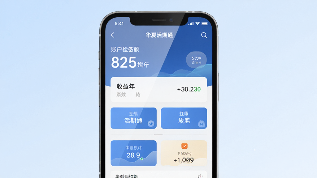 华夏活期通手机应用界面全貌展示,主体为一部智能手机居中放置,屏幕显示华夏活期通APP首页,包含账户余额、收益展示、功能按钮等元素;布局采用中心对称构图,背景为柔和的浅蓝色渐变;排版简洁清晰,APP界面元素排列整齐;风格为现代科技感与金融稳重感结合;细节上屏幕有轻微反光效果,手机边缘圆润;画质高清,干净,无多余元素