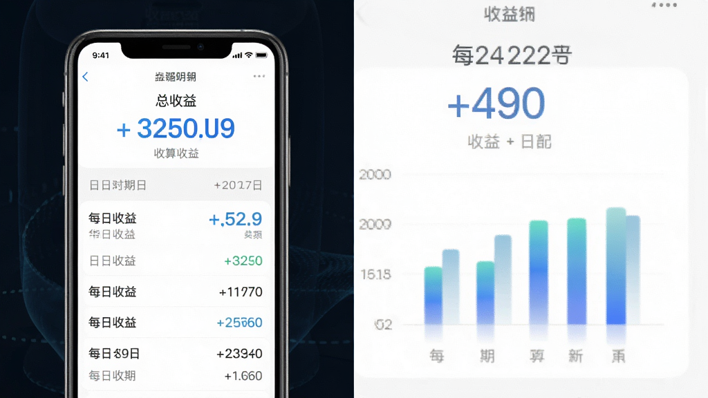 华夏活期通收益计算功能展示图,主体为手机屏幕显示收益明细页面,包含数字金额、日期列表、柱状图等元素;布局为上下结构,上方为总收益数字,下方为每日收益列表;排版采用列表式设计,信息排列整齐;风格为清爽的金融数据风;细节上数字使用醒目的蓝色,柱状图有渐变效果;画质高清,干净,无多余元素