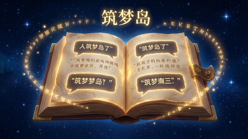 画面呈现一本展开的发光魔法书,书页上浮现出文字与对话框,周围环绕着“筑梦岛”字样的光晕,布局以书本为中心居中,排版左右对称,风格为奇幻魔法风,细节上书页有细腻的纹理、文字散发金色光芒,背景是深蓝色星空,画质高清,干净无多余元素