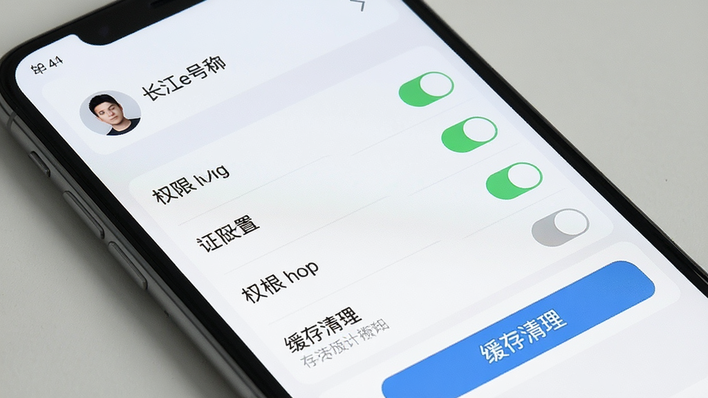 一部手机展示证券APP设置与权限管理界面,画面中手机屏幕显示权限开关列表与缓存清理按钮,布局为纵向设置项,顶部有账户头像与昵称。风格为简洁工具类应用风格,色调以白色与浅灰为主,细节清晰,画质高清,画面干净,屏幕中显示文字“长江e号”。
