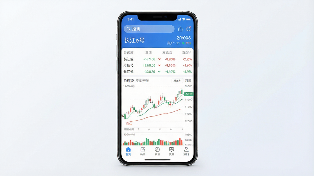 一张手机屏幕展示证券交易APP主界面的图片,画面中央是一部现代智能手机,屏幕中显示股票行情列表与K线图,界面主色调为蓝色与白色,布局清晰简洁,上方有搜索栏与账户信息,中部为自选股涨跌数据,底部为导航菜单。整体风格为科技商务风,细节精致,光线明亮柔和,画质高清,画面干净,无多余元素,屏幕中显示文字“长江e号”。