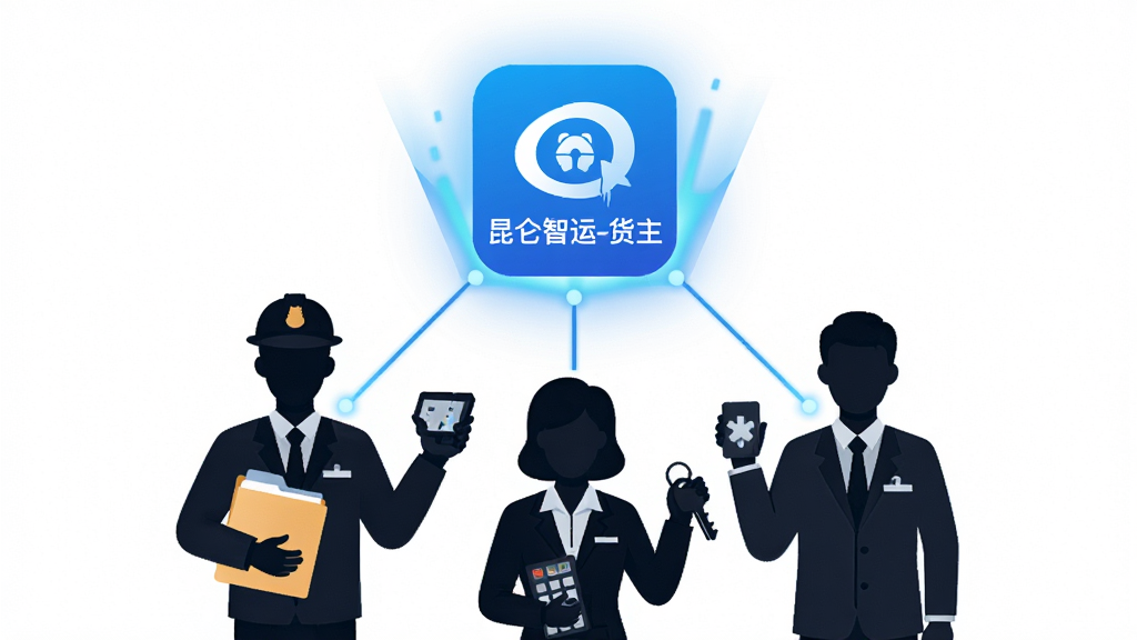 画面主体是三个不同职业形象的人物剪影(调度员、财务、管理员),他们共同围绕着一个悬浮的“昆仑智运-货主”应用图标,图标发出蓝色光芒,连接线将人物与图标相连。布局为三角形构图,人物在下,图标在上。排版均衡,风格为扁平化插画风,细节包括人物手中的文件夹、计算器、钥匙等小道具。画质高清,干净,无多余元素。
