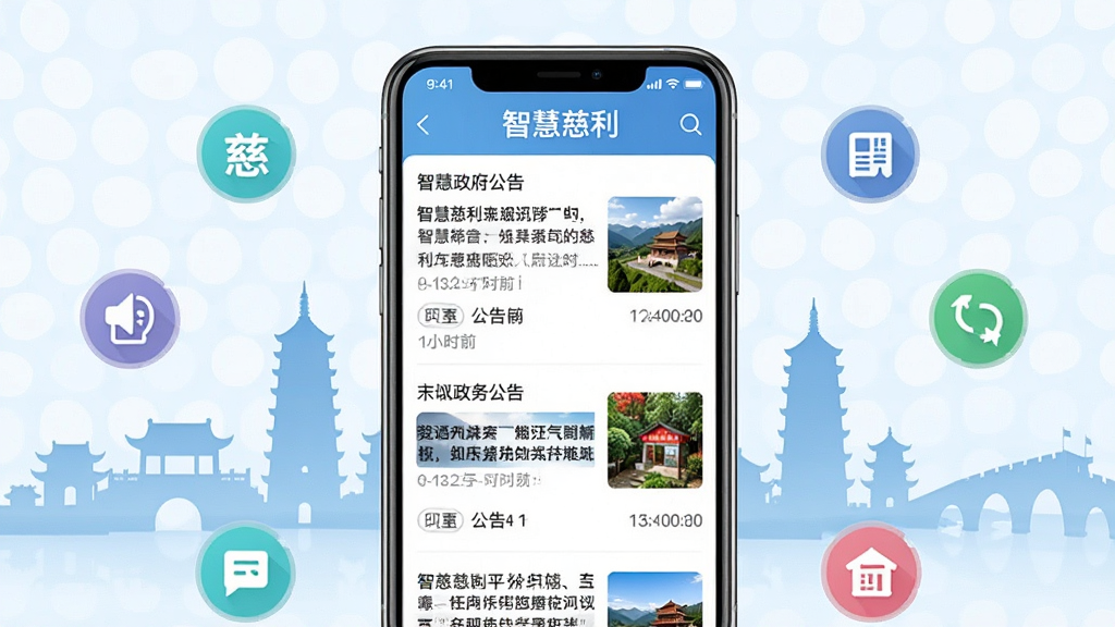 智慧慈利资讯页面展示,画面主体为手机屏幕显示新闻列表与政务公告,背景融入慈利县地标建筑剪影。布局为手机居中,周围环绕资讯图标。风格为清新资讯类UI设计,细节上新闻标题清晰、缩略图丰富、时间标签醒目,画质高清,干净无多余元素,图片中文字包含