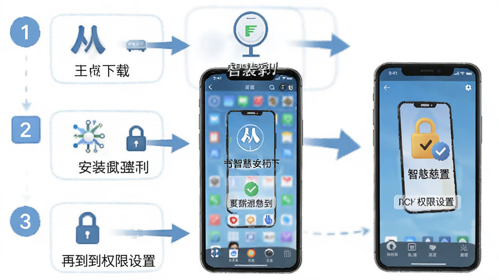 智慧慈利安装使用流程图,画面以流程图形式展示从下载到安装再到权限设置的步骤,主体为手机界面与箭头指引,布局为纵向流程排列,风格为简洁教程类信息图,细节上步骤编号清晰、图标直观、文字标注明确,画质高清,干净无多余元素