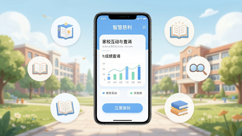 智慧慈利教育板块展示,画面中央手机显示家校互动与成绩查询界面,背景为校园场景。布局为手机居中,周围环绕书本与学习图标。风格为教育类APP柔和友好风格,细节上界面文字清晰、图表直观、按钮圆润,画质高清,干净无多余元素,图片中文字包含