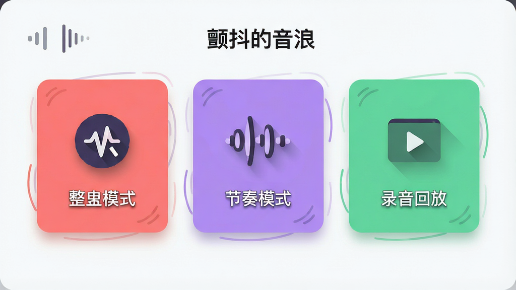 一张展示“颤抖的音浪”多种模式选择界面的图片,界面中并排显示三个彩色卡片,分别标注“整蛊模式”“节奏模式”“录音回放”,每个卡片上有对应的图标,布局为横向排列,风格为清新扁平化设计,细节包括卡片上的微动效线条和图标阴影,画质清晰,干净,无多余元素