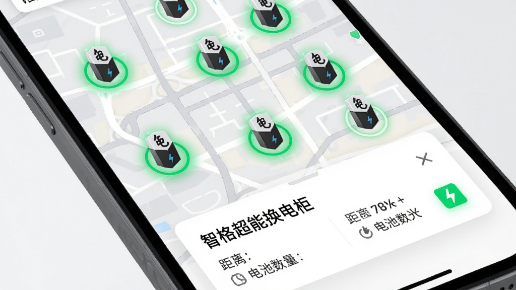智格超能换电柜地图导航界面,手机屏幕展示城市地图与多个换电柜图标标记,下方弹出换电柜详情卡片包含距离与电池数量,背景为浅灰色地图底纹,布局采用上地图下卡片结构,风格为清新简约风,细节上图标有绿色高亮光圈,画质高清,画面整洁无多余装饰。