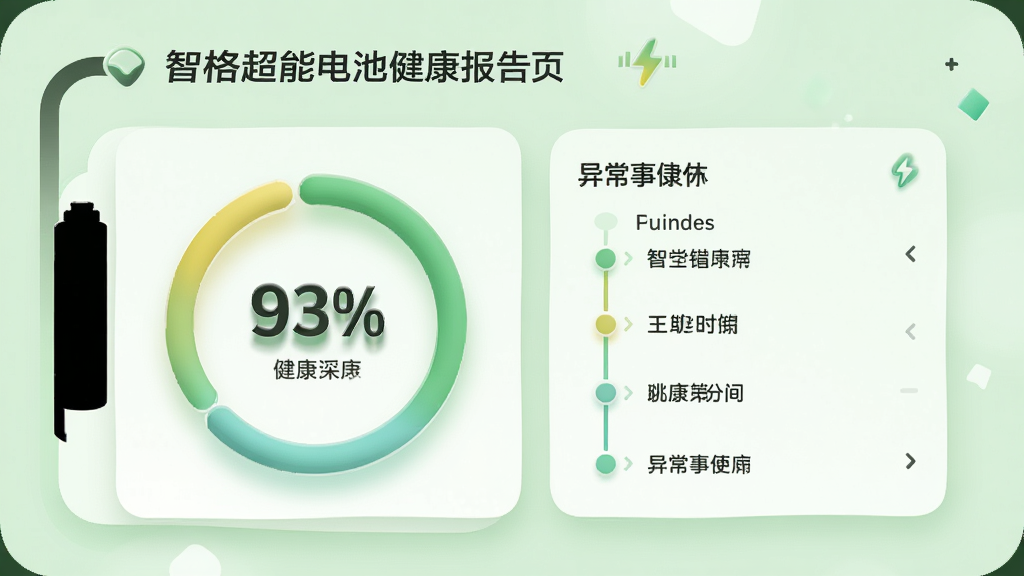 智格超能电池健康报告页面,手机屏幕展示周度健康评分环形图与异常事件时间轴列表,背景为浅绿色护眼色调,布局上环形图居左、文字报告居右,风格为柔和圆角卡片风,细节上评分数字有立体阴影,画质清晰,画面干净无多余元素。