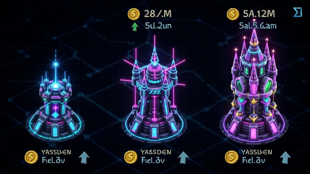 Neon Castle游戏中的防御塔升级界面,画面展示了一座霓虹激光塔从一级到五级的形态变化,每级塔的外观逐渐变得更加复杂和华丽,周围有升级所需的金币数值和属性提升箭头,背景为深色科技感网格,整体风格为霓虹游戏UI,画质高清,干净,无多余元素