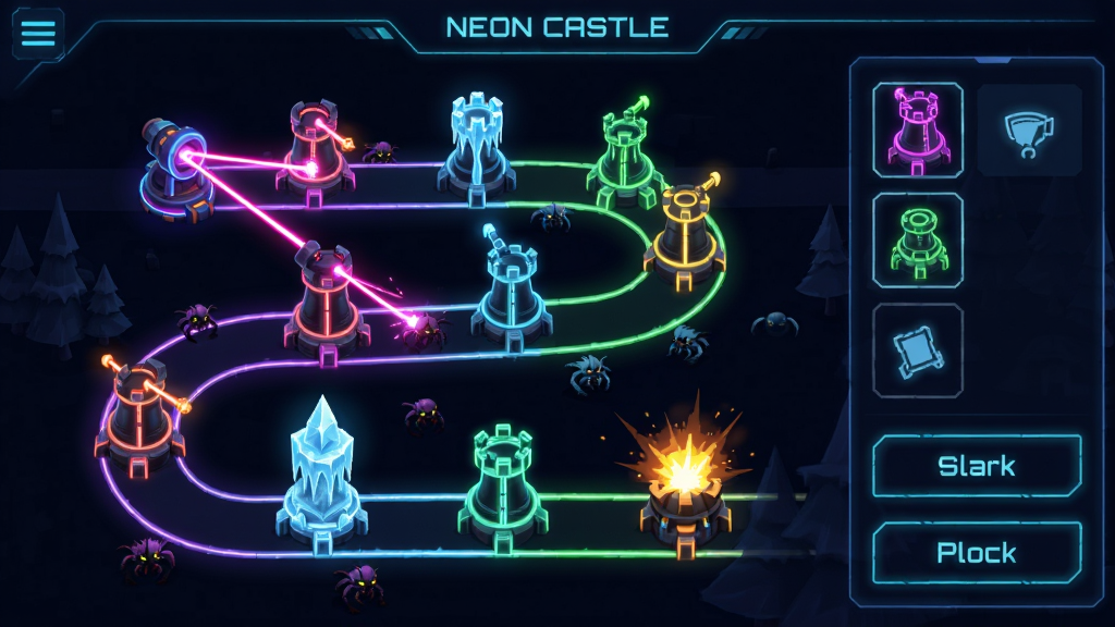 Neon Castle游戏的策略布局界面,画面中显示一条蜿蜒的敌人行进路线,路线上布置了多种不同类型的霓虹防御塔,包括激光塔、冰冻塔和爆炸塔,每种塔都有独特的颜色和造型,界面右侧有塔的选择面板和升级按钮,整体风格为霓虹科幻风,画质清晰,干净,无多余元素